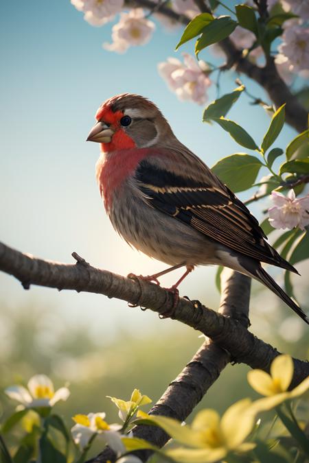 395231-538694988-_lora_more_details_0.3_,a tiny finch on a branch with spring flowers on background_1,aesthetically inspired by Evelyn De Morgan,.png